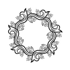 Baroque swirls floral ornamental circular frame element for related graphic design purpose.