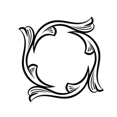 Baroque swirls floral ornamental circular frame element for related graphic design purpose.