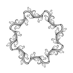 Baroque swirls floral ornamental circular frame element for related graphic design purpose.