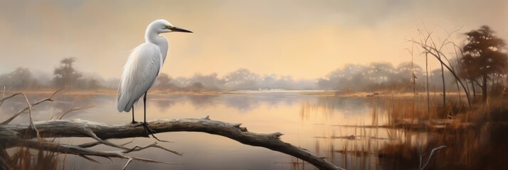 A Majestic Light Gray and White Snowy Egret Standing Serenely on a Driftwood Perch Overlooking the Tranquil Marshlands at Dawn's First Light - obrazy, fototapety, plakaty