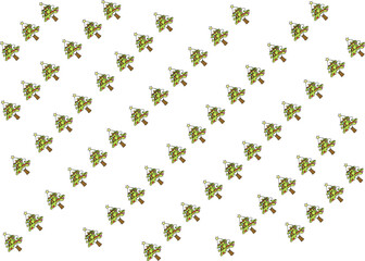 Festive wallpaper of cartoon Christmas trees in various shapes and sizes, decorated with ornaments and stars, on a white background.