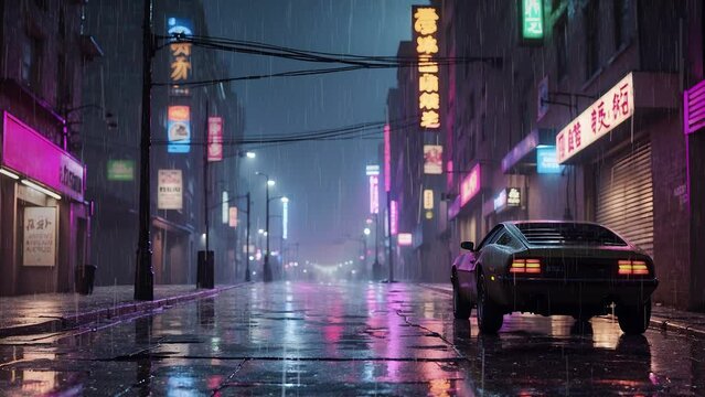Animation backgrounds wallpapers. Japanese anime street in night. Neon signs. cyberpunk styled street at rain. 
