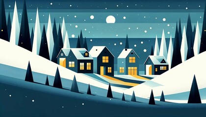 Stylized Snowy Night Village Illustration

