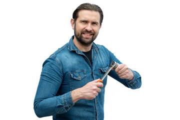 Automotive mechanic on white background holding a ratchet wrench.