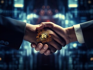 a handshake with a Bitcoin symbol at the center, representing the intersection of traditional...