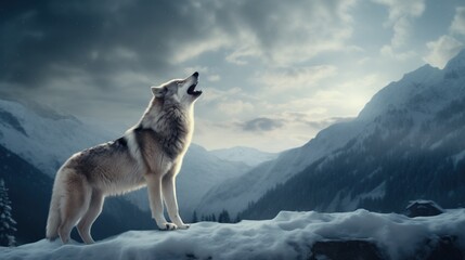 Naklejka premium wolf howling on a snowy cliff against a twilight backdrop, conveying the wild's haunting beauty and the call of the wild, dramatic and primal nature makes it an excellent fit for creative projects