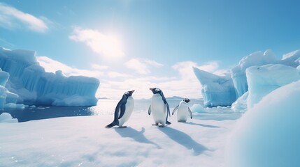 Three penguins in a lively procession across a pristine landscape with icebergs and the ocean under...