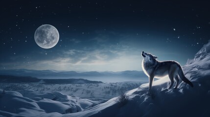 Under a starlit sky, a grey wolf howls at the full moon atop a snowy bluff. The moon illuminates...