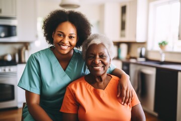 Portrait of a young female caregiver with senior patient at home - obrazy, fototapety, plakaty