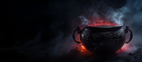 Witches cauldron banner with with red potion, toxic poison and smoke on dark background with copy space for text, witch craft halloween design