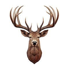 Wall mounted, stuffed deer head with antlers isolated on transparent background, hunting trophy with big big antlers  - obrazy, fototapety, plakaty