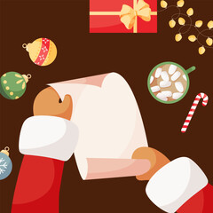 Santa Claus reads letters with Christmas wishes from children at the table. Hands holding a letter. For Christmas cards, banners, tags and labels. Holiday cartoon character