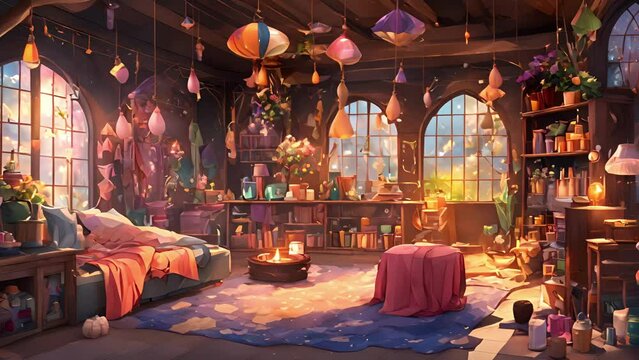 whimsical corner workshop, where colorful fabrics glittering sequins contrast with dark stone walls small incense burner fills with calming aroma. stream overlay animation