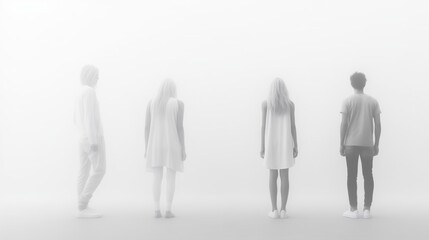 Four young individuals stand in a foggy, ethereal white space, exuding a sense of modern stoicism and calm