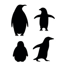 Vector set of hand drawn flat penguin silhouette isolated on white background