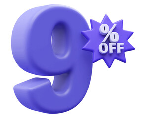 Special 9 percent off sale - 3d render purple number with tag percent off
