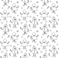 Vector seamless pattern of groovy retro cartoon Christmas tree and snowman isolated on white background