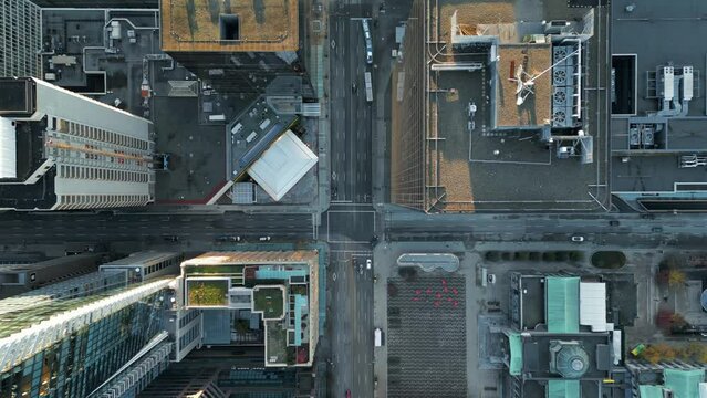 Aerial birds eye overhead top down view of streets crossing avenue