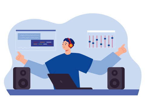 Music composer creating and recording music at the worklpace. Music studio Illustration.