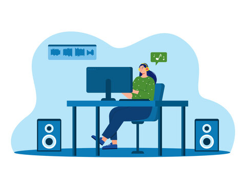 Music composer creating and recording music at the worklpace. Music studio Illustration.