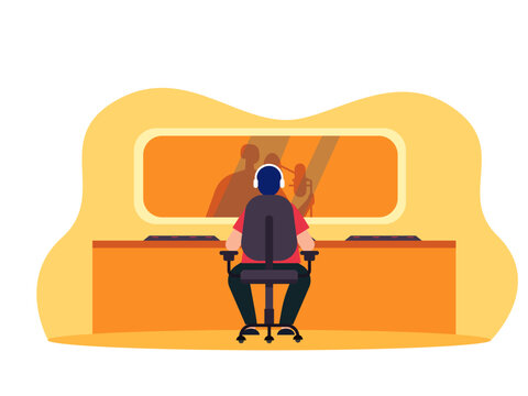 Music composer creating and recording music at the worklpace. Music studio Illustration.
