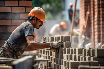 construction worker building brick wall on construction site