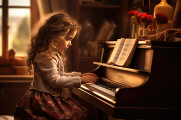 a little girl play piano at home