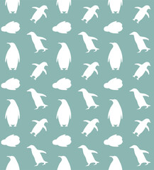 Vector seamless pattern of flat hand drawn penguin silhouette isolated on mint background - obrazy, fototapety, plakaty