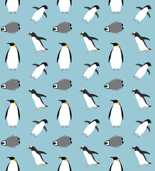 Vector seamless pattern of flat hand drawn penguin isolated on blue background - obrazy, fototapety, plakaty