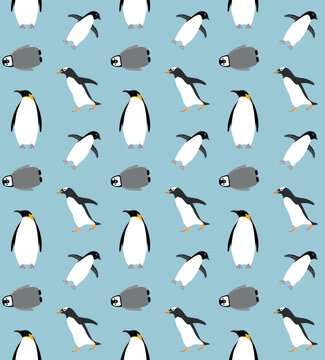 Vector seamless pattern of flat hand drawn penguin isolated on blue background