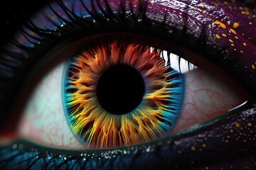 4k background rendering 3d pupil iris eye human volumetric forming circle white bright out scatter flash lines rainbow concept animation multicolored cyberspace line particle - obrazy, fototapety, plakaty