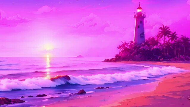 Stepping onto sandy shore Aesthetic Lighthouse Beach, immediately struck sight technicolor sunset, painting hues purple, pink, blue. distance, lighthouse stands like 2d animation