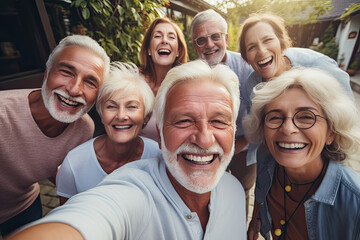 Happy smiling senior people taking selfie together - obrazy, fototapety, plakaty