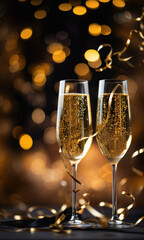 Two glasses with champagne wine background with blur glitter light bokeh effect. Celebrating New Year and Christmas