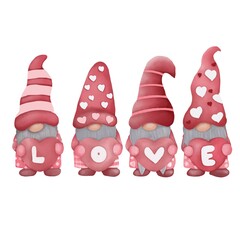 Watercolor cute pink valentines gnome. Cartoon love character illustration. Valentine's day greeting, card, invitation, flyer