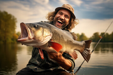 happy fisherman holding a big fish - obrazy, fototapety, plakaty