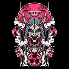 japanesse shingami skull with smoke and flowers