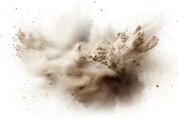 Foto op Plexiglas isolated dust debris flying burst background white overlay dirt texture closeup explosion spray motion cloud powder rock stone granite chalk space blast abstract © akkash jpg
