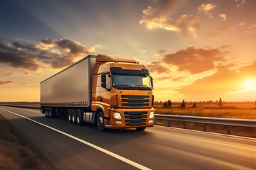 Concept of container truck running on highway road at sunset with blue sky background in logistics, import-export, and cargo transportation industry,
