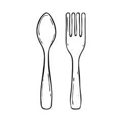 Spoon with fork on isolated background in doodle style.Hand drawn vector illustration.