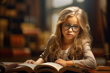 a girl reading book in the library