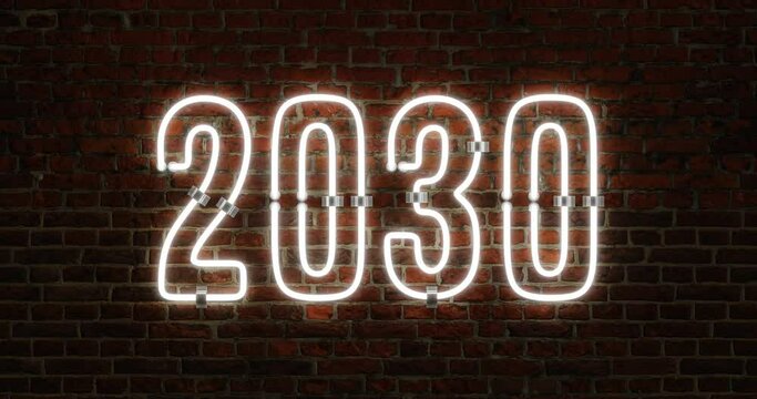 3D 2030 Happy New Year Neon Light Flickering Animation Shining Over a Brick Wall Background