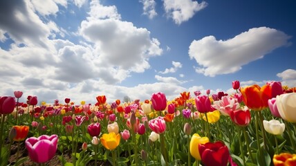 field of colorful tulips and blue sky landscape. Generative AI
