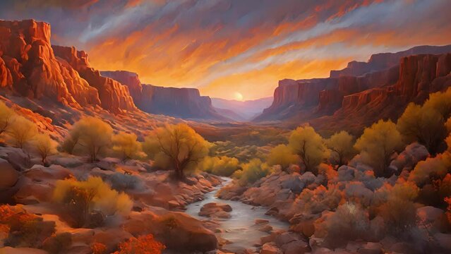 heart Emberfall Canyon, ground covered blanket shimmering embers, creating stunning light that stretches see. constant crackling popping embers adds surreal magical 2d animation