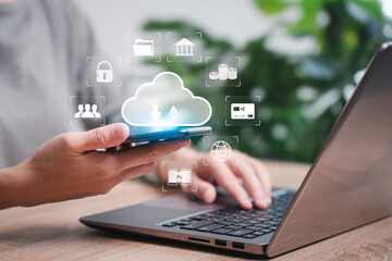 Communication technology Personal data collection, security Code of Personal encryption, Women use smartphones and laptop management  transfer Personal data, financial, banking, Internet connect