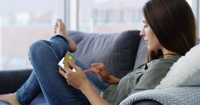 Happy, woman and credit card with tablet for online shopping, payment or fintech savings at home. Digital banking, fees and finance for sales, password and code for financial app, ecommerce and money