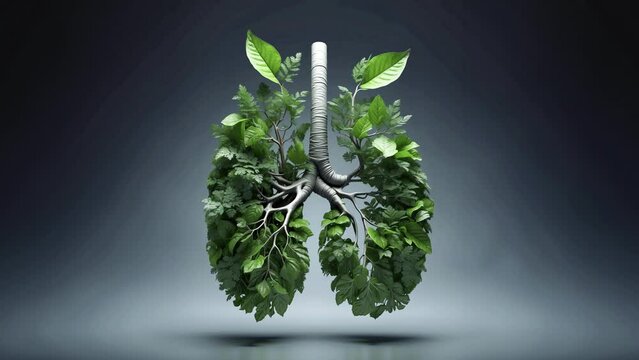 Breathing human lung full of leaves, lush leafy greenery, forest tree branches. Conceptual video environmental eco, pollution free clean air, health care. Awareness of climate change, earth protection