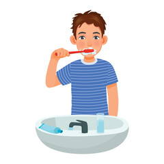 Young man brushing teeth with toothpaste