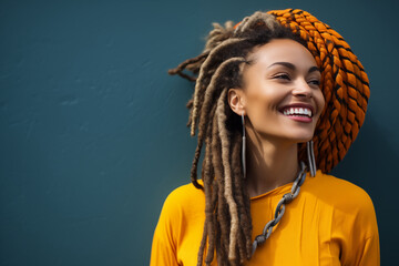 Smiling radiant black woman with colored braids, dreadlocks, orange, brown, big fashion necklace, earrings, uniform duck blue background, sunlight, happy girl, colorful, afro ethnic style, vivid smile