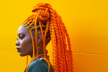 profile portrait of black woman with long orange braids, cornrows, earrings, make-up, uniform yellow wall in background, very colorful, afro ethnic style, vivid radiant fashion model, diversity proud - obrazy, fototapety, plakaty